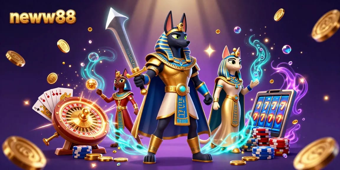 Experience thrilling gaming action with neww88, featuring a dynamic 3D scene with Anubis and Bastet.