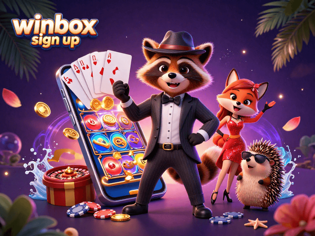 Winbox sign up to play exciting slots with a raccoon, fox, and hedgehog at a vibrant casino!