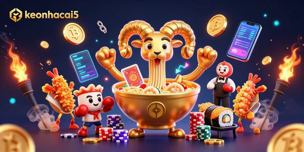 Engage in thrilling bets with keonhacai5 as a golden ramen bowl dealer manages chips and cards.
