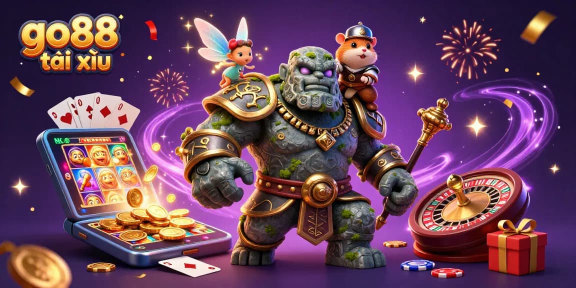 Experience go88 tài xỉu excitement through a vibrant, dynamic casino-themed scene with magical elements.