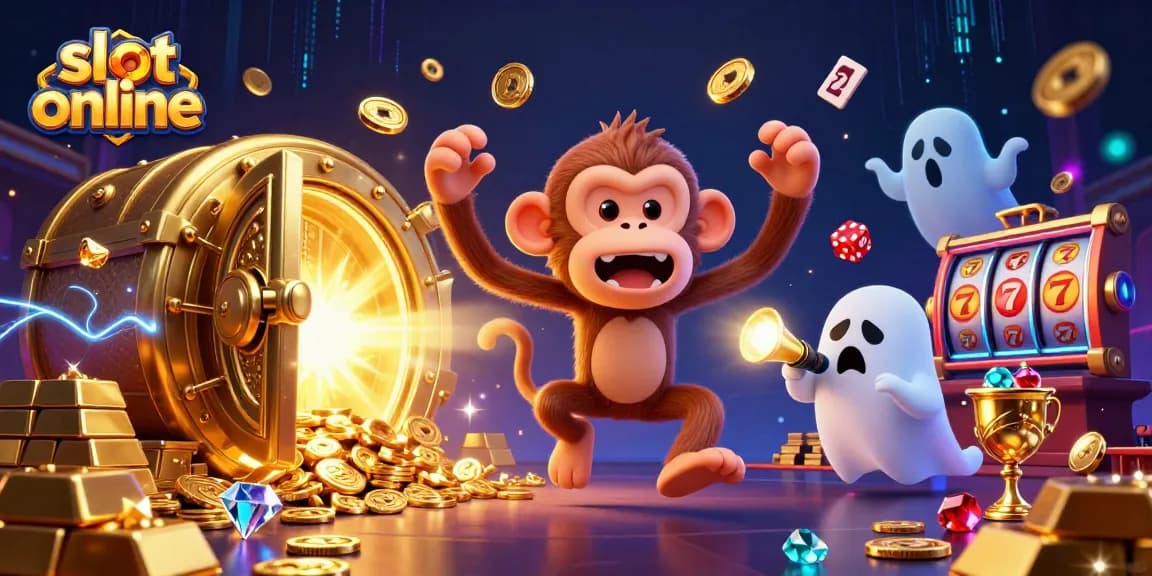 Engage in thrilling slot online adventures with fun characters amid sparkling treasures and a lively casino atmosphere.