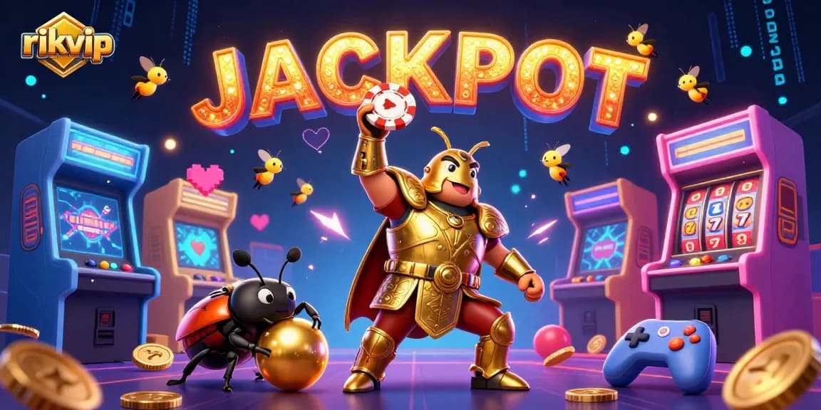 Experience exciting gameplay at rikvip with a vibrant illustration showcasing a victorious gladiator beetle and stunning casino elements.