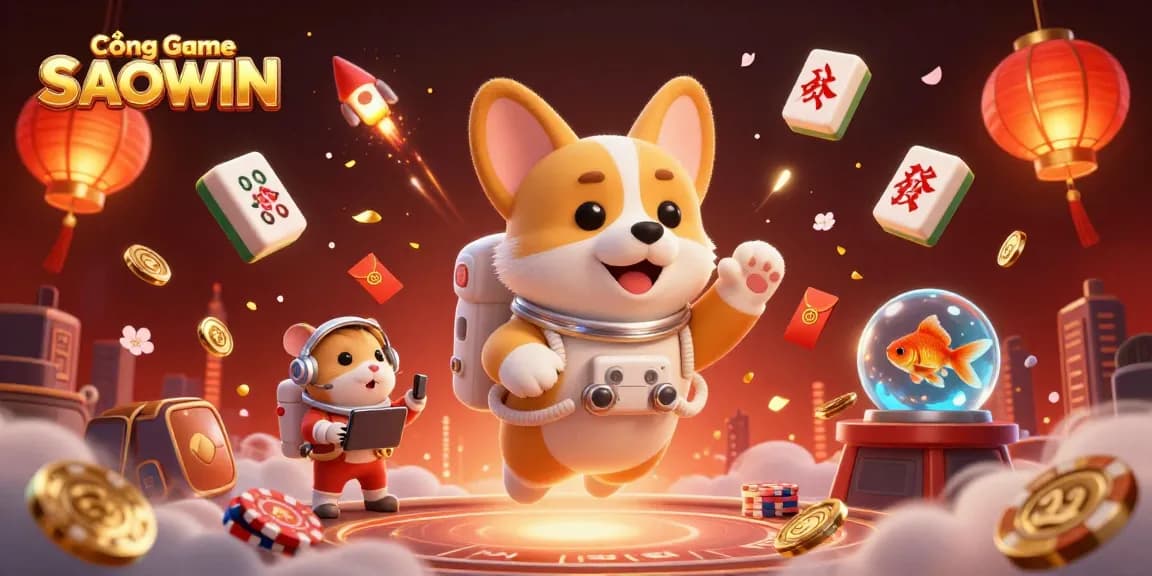 Cổng Game SAOWIN features a vibrant scene with a floating astronaut corgi, golden coins, and gaming elements.