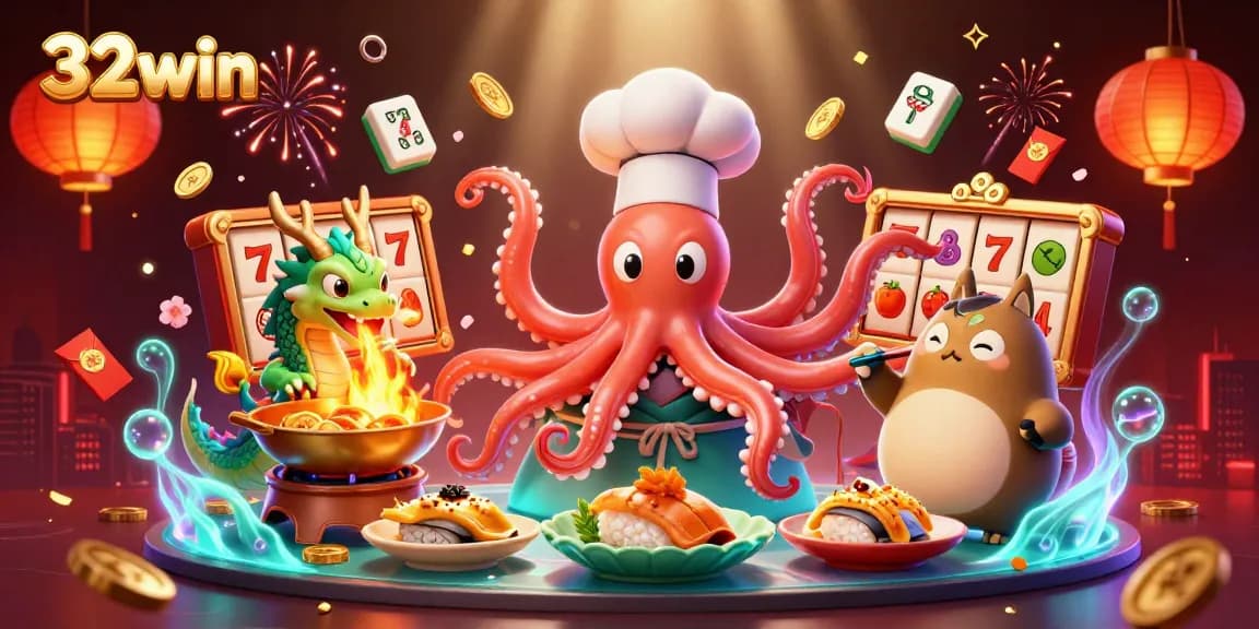 Engage with 32win at an exciting casino scene featuring vibrant characters and golden game elements.