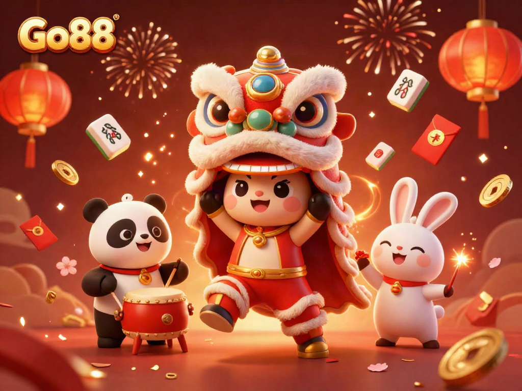 Experience excitement at Go88 with festive characters celebrating, surrounded by vibrant casino elements.