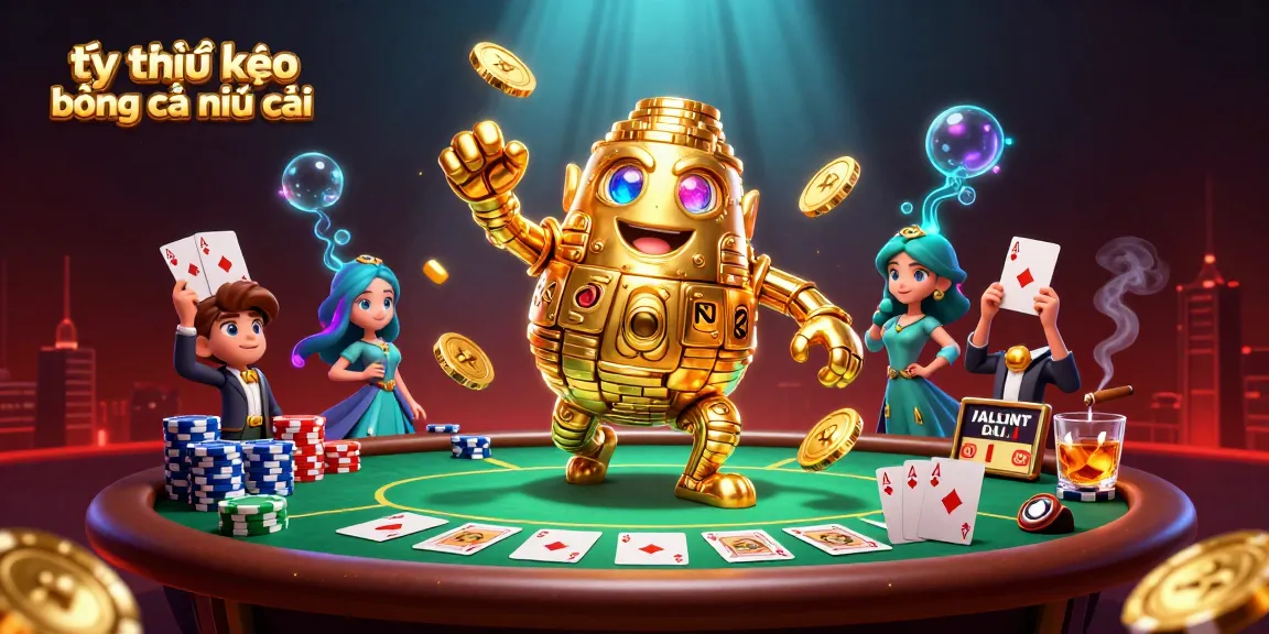 Engage with tỷ lệ kèo bóng đá nhà cái through a vibrant and dynamic 3D casino illustration featuring a golden golem and poker elements.