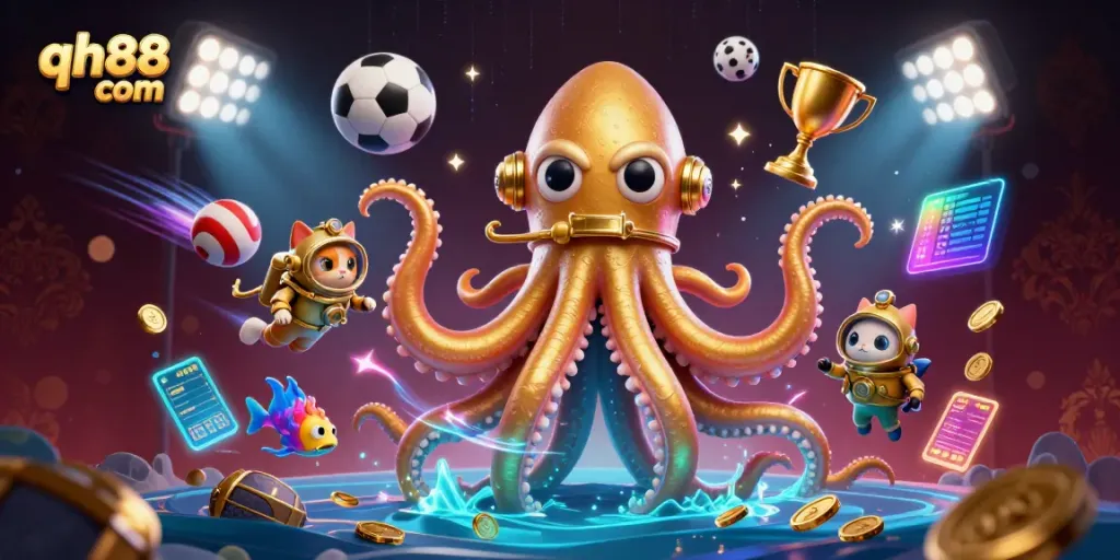 Experience the excitement of gambling at qh88 com with a dynamic 3D kraken and diving cat illustration.