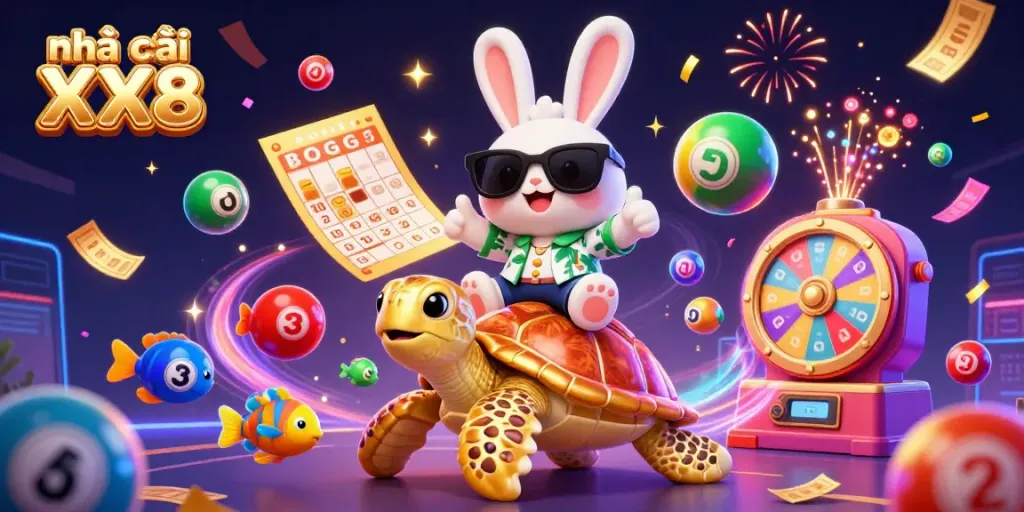 Experience the gaming fun at Nhà cái XX8 with unique characters riding a golden turtle amidst festive elements.