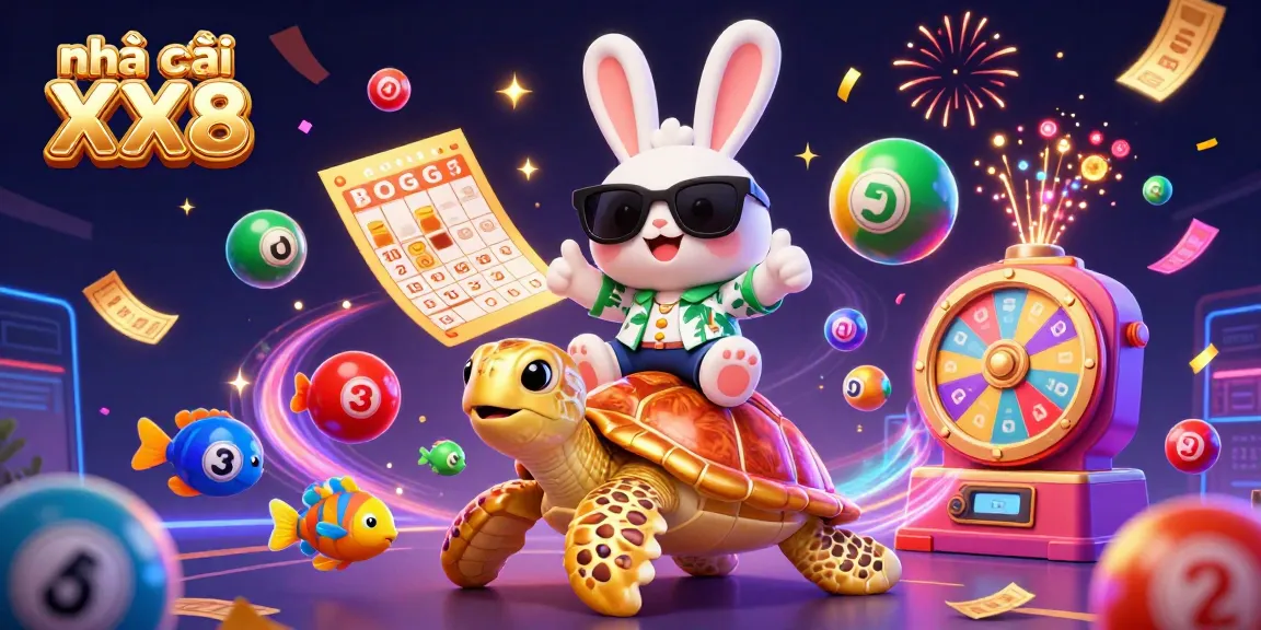 Experience the gaming fun at Nhà cái XX8 with unique characters riding a golden turtle amidst festive elements.