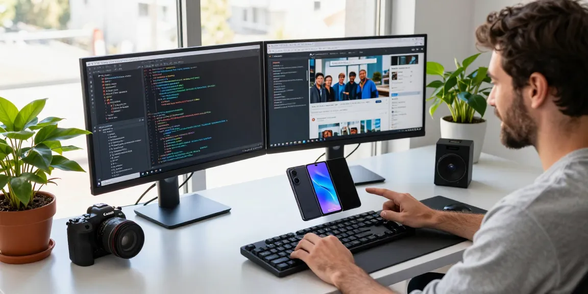 Developer testing a tri-fold phone amidst a tech workspace, showcasing modern gadgets and natural light.