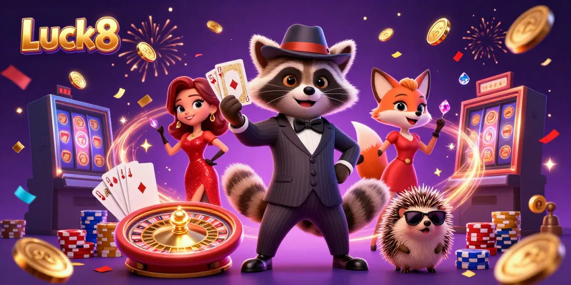 Luck8 depicts a raccoon in a suit holding a royal flush, surrounded by gold coins and casino elements.