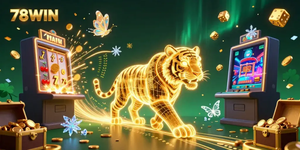 Experience thrilling slot gameplay with the illuminating 78WIN golden tiger amidst casino excitement.