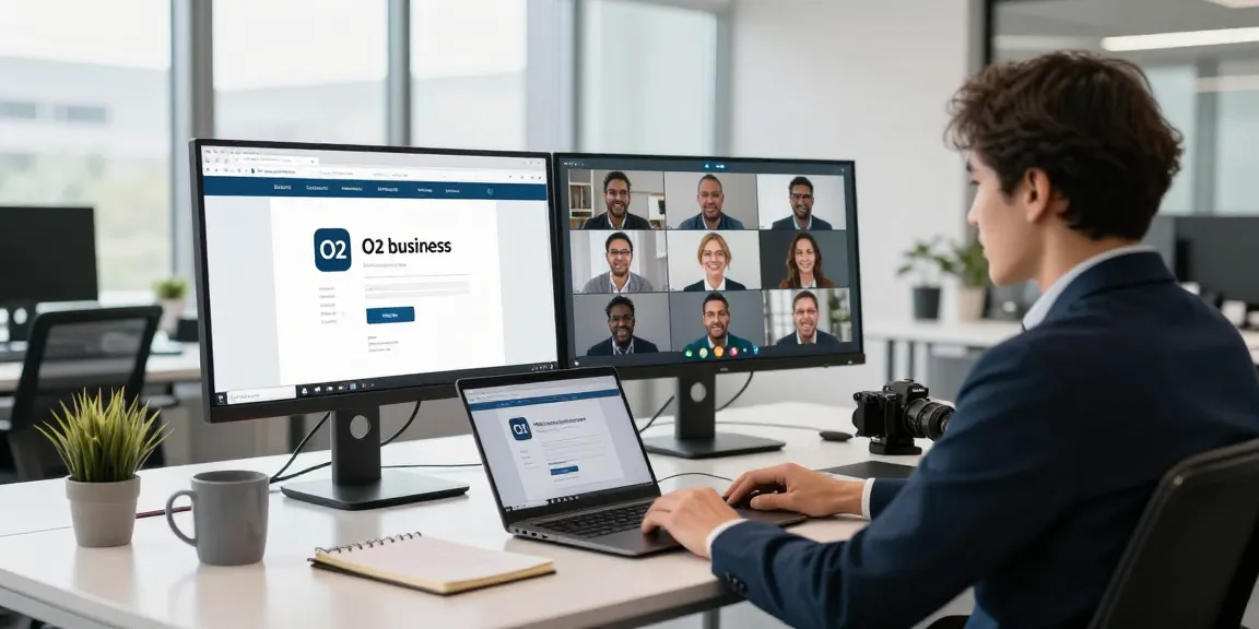 02 business log in on dual monitors in a modern office setting.