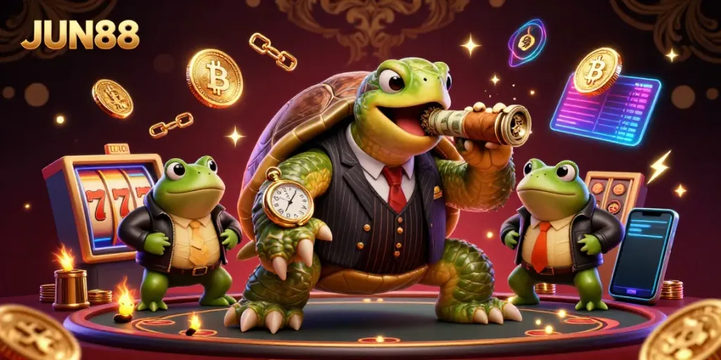 Engage in thrilling action at JUN88 featuring a massive snapping turtle in a casino-themed scene with vibrant elements.
