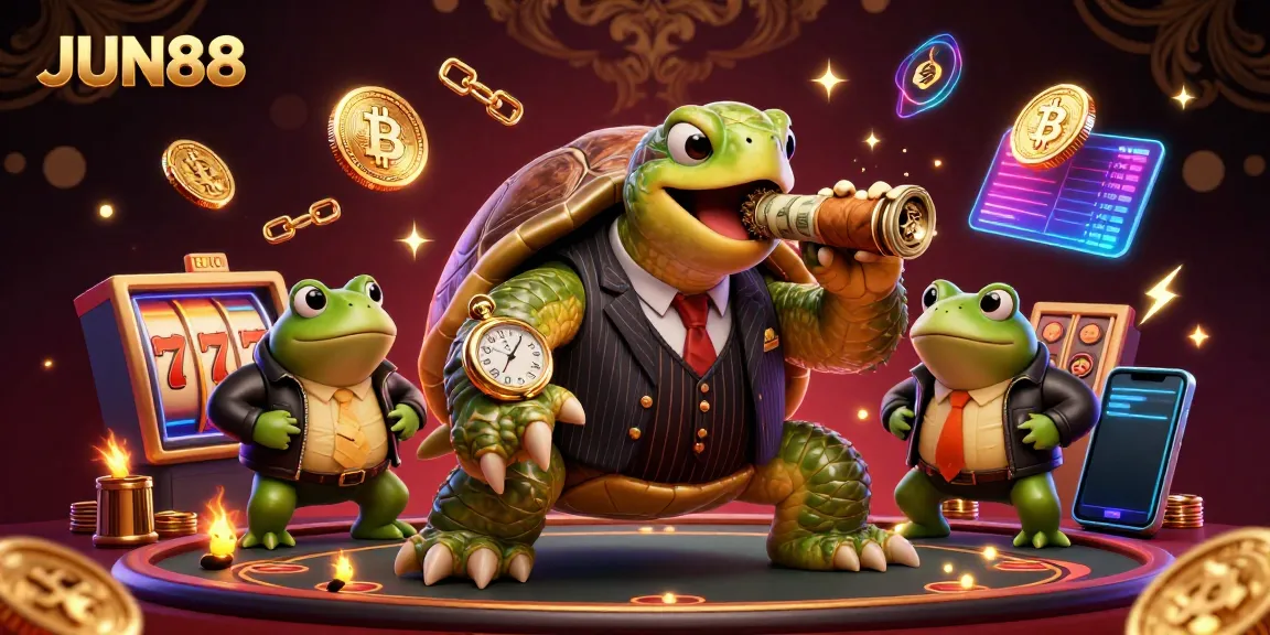 Engage in thrilling action at JUN88 featuring a massive snapping turtle in a casino-themed scene with vibrant elements.