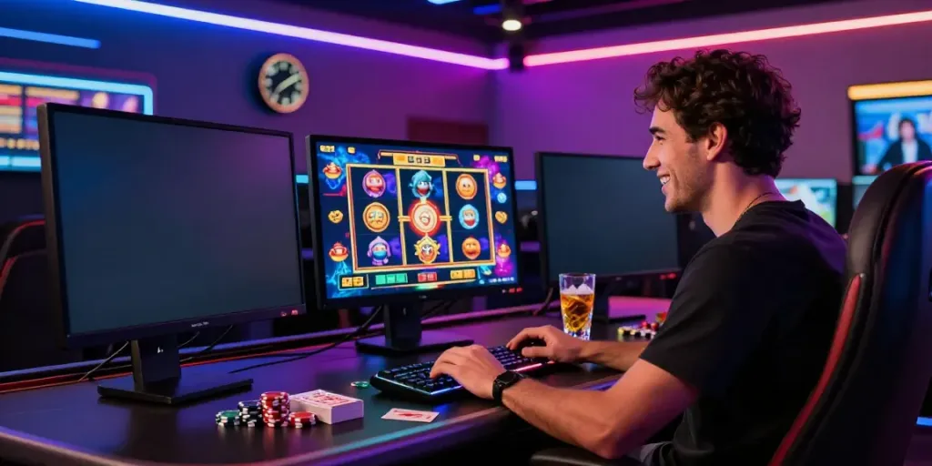 Player enjoying slots at a vibrant online casino that takes credit cards, showcasing gaming setup with neon lights.