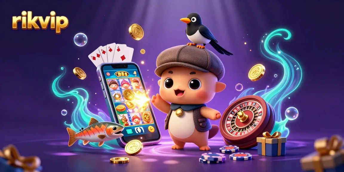 Engage with rikvip's vibrant gaming experience, showcasing lively characters amidst a flurry of casino excitement.