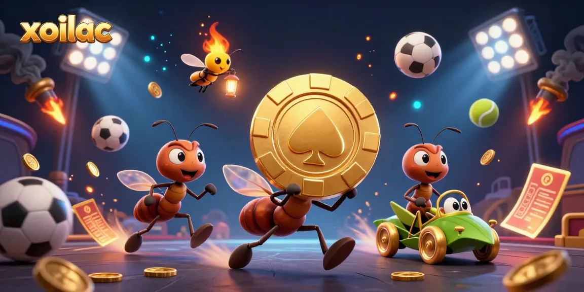 Engage in exciting strategies with xoilac's animated casino heist scene featuring ants and sports elements.