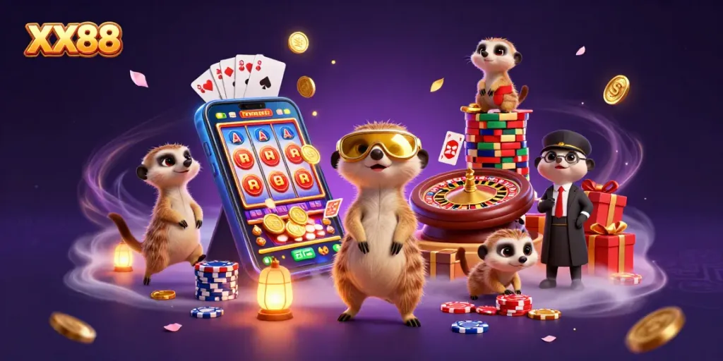 Experience the thrill of XX88 casino gameplay with meerkats managing slots and poker in a vibrant illustration.