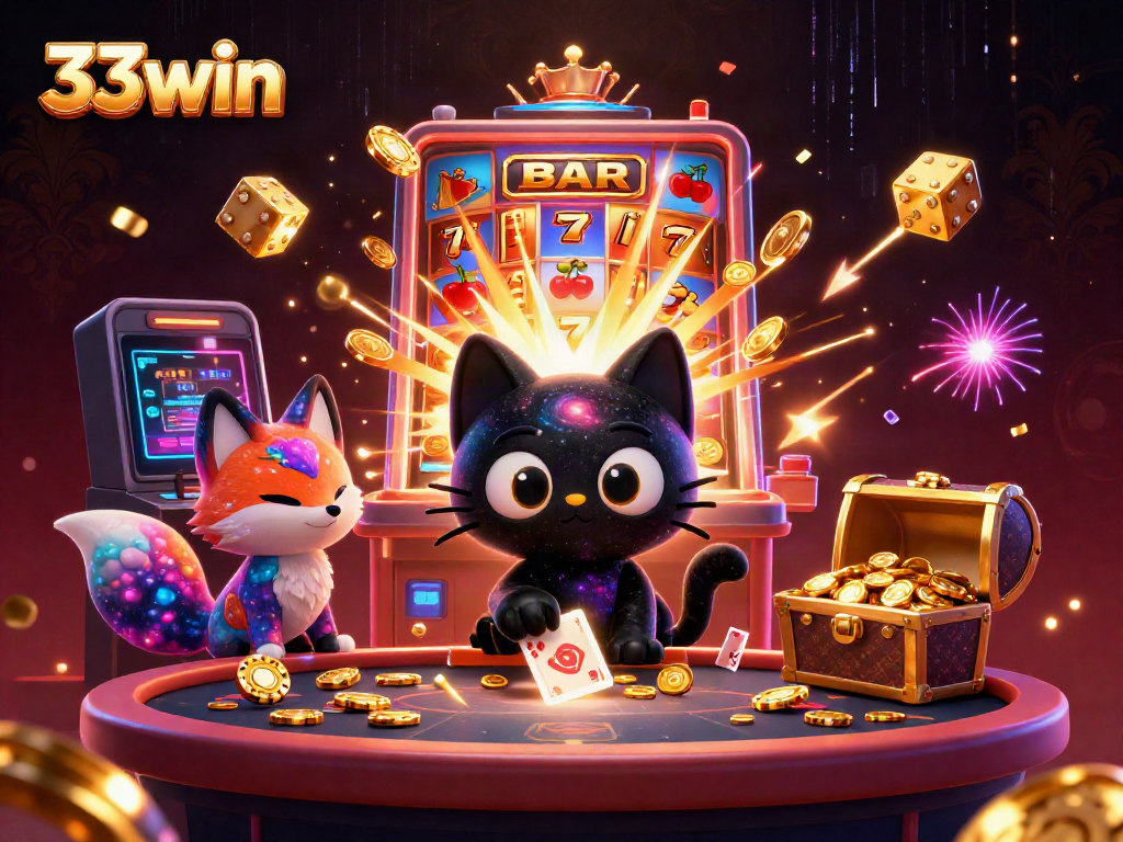 Experience an energetic cosmic casino scene featuring 33win with a black hole cat and vibrant gameplay elements.