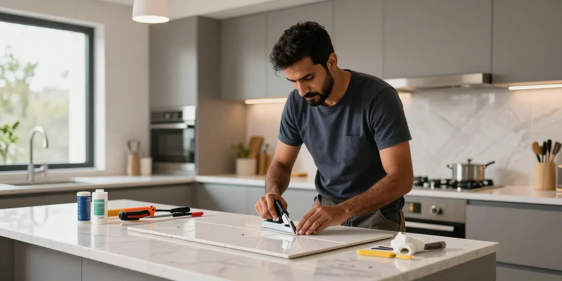 فني سيراميك باكستاني يقوم بتركيب سيراميك عالي الجودة في مطبخ عصري