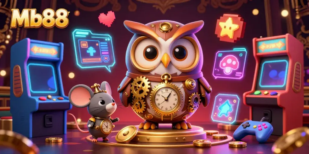 Experience captivating gaming action with Mb88 as a 3D time-traveler owl and vibrant casino elements in view.