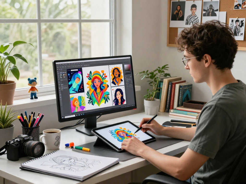 Creating digital artwork in a vibrant studio utilizing nsfw ai concepts.
