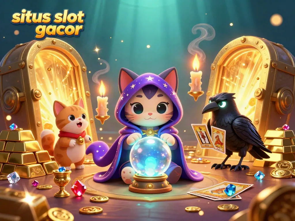 Experience excitement as the mystic cat and raven unveil treasures in 'situs slot gacor' themed illustration.