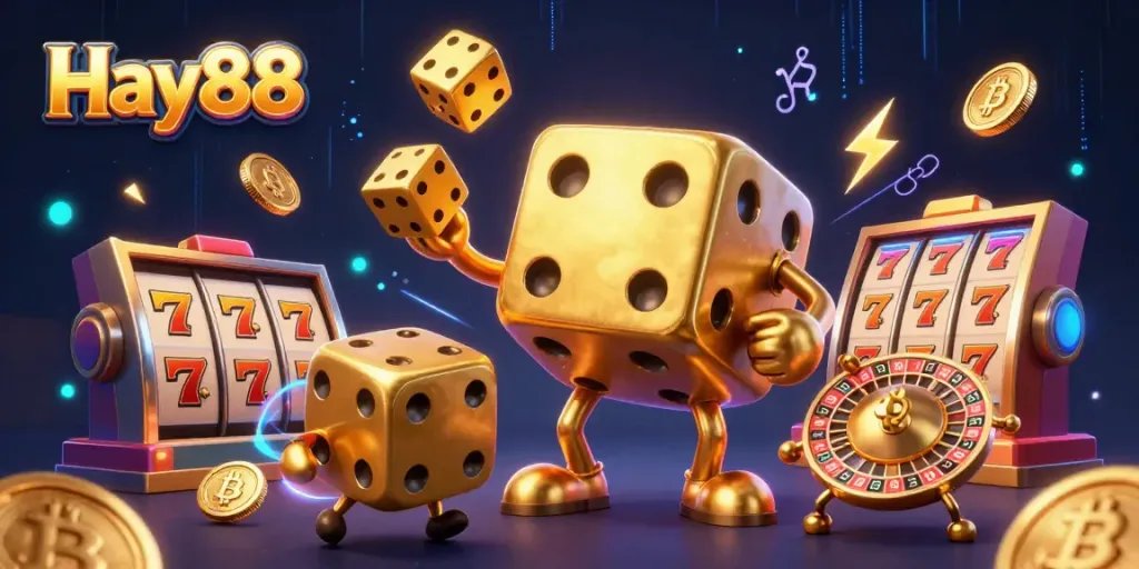 Experience the thrilling world of Hay88 with a golden dice golem juggling in a vibrant casino scene.