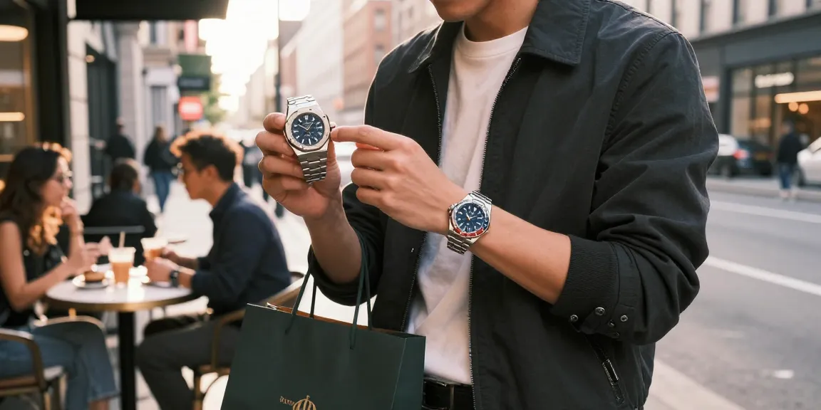 Stylish individual showcasing luxury replica watches in an urban setting, emphasizing elegance and sophistication.