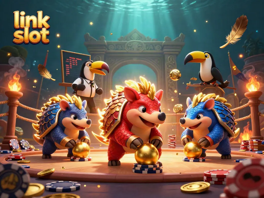 Engage with exciting link slot action as vibrant pangolins compete amidst rolling poker chips and confetti.