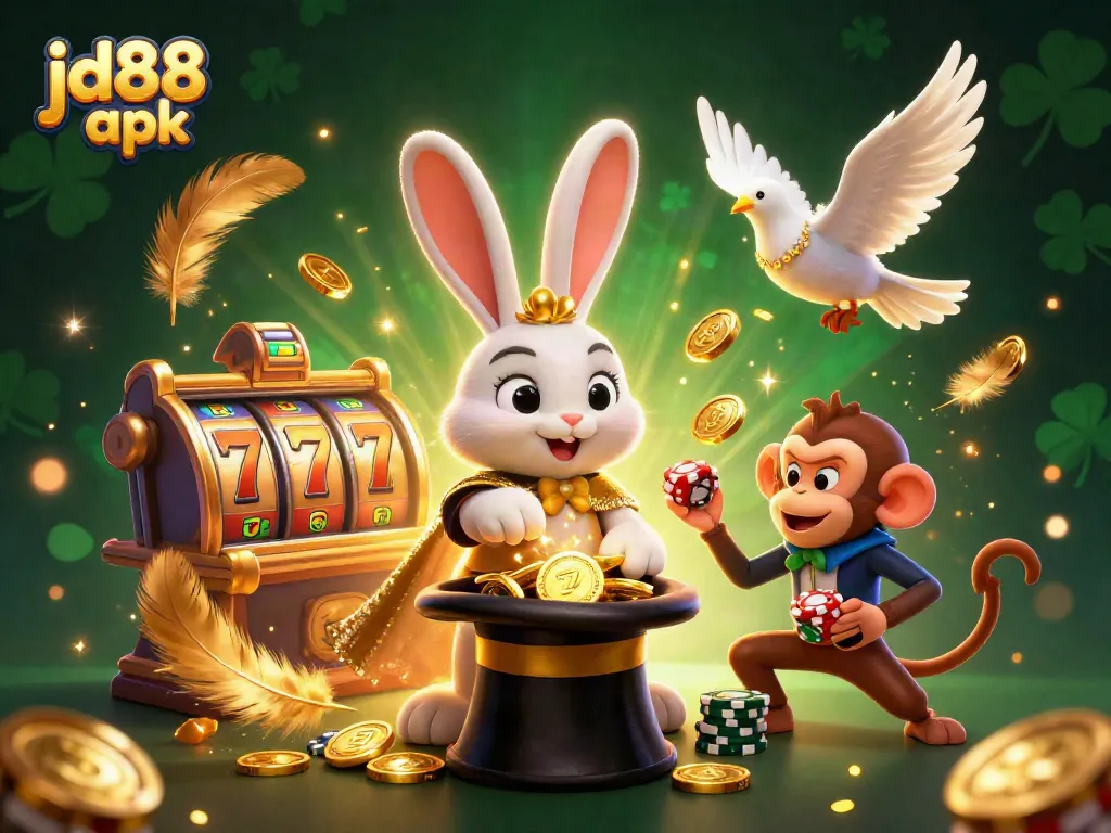 Experience the thrill of JD88 apk with an enchanting 3D scene featuring a magician rabbit and more.