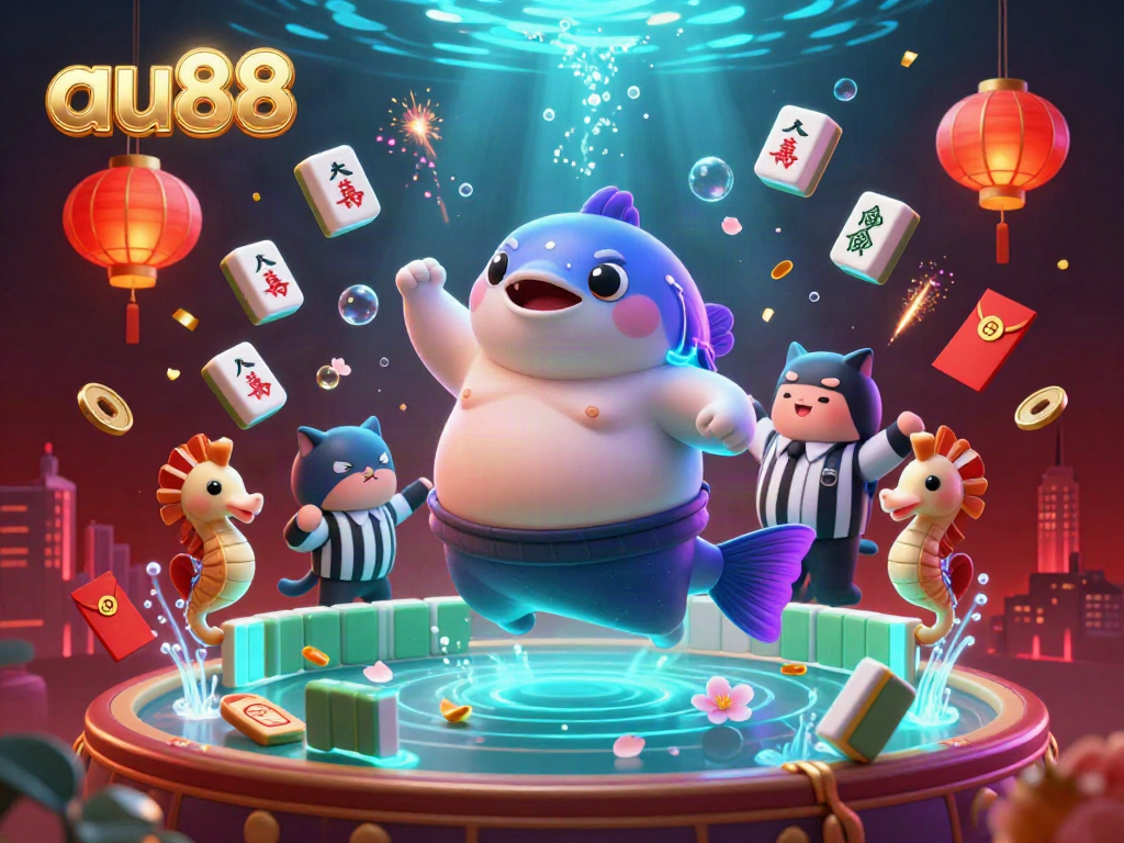 Engage in the vibrant world of au88 with a dynamic underwater casino featuring a blowfish in a sumo belt, catfish referee, and seahorse fans.