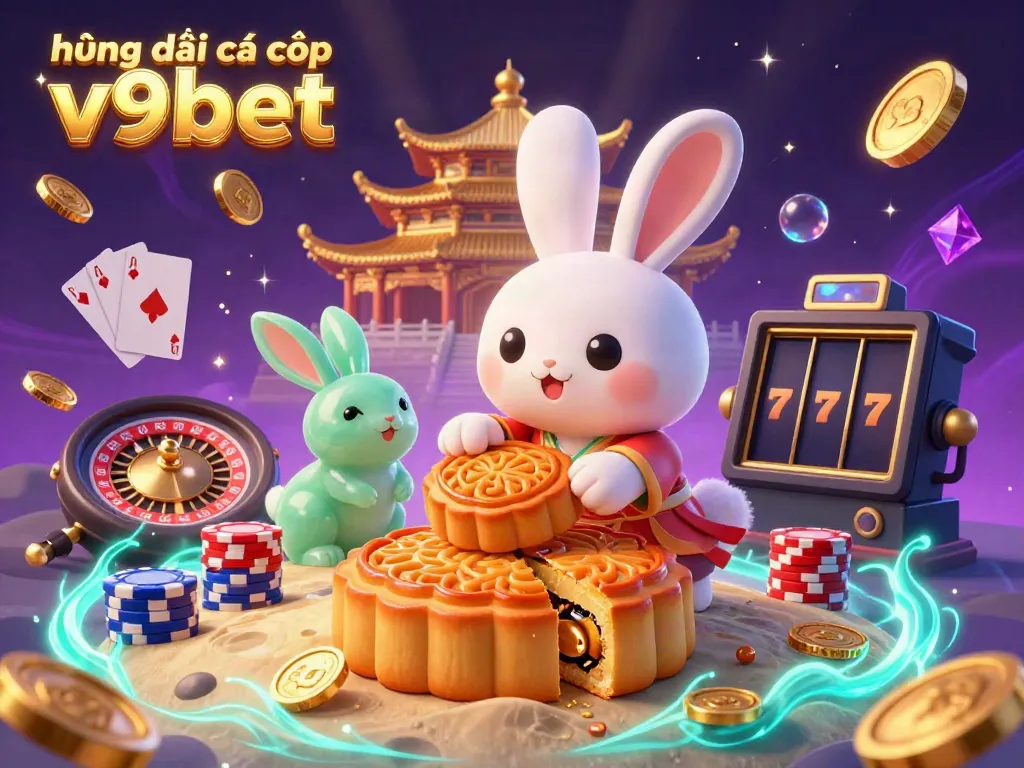 Engage in thrilling casino adventures with "hướng dẫn cá cược v9bet" featuring an enchanting moon rabbit pounding mooncakes revealing poker chips.