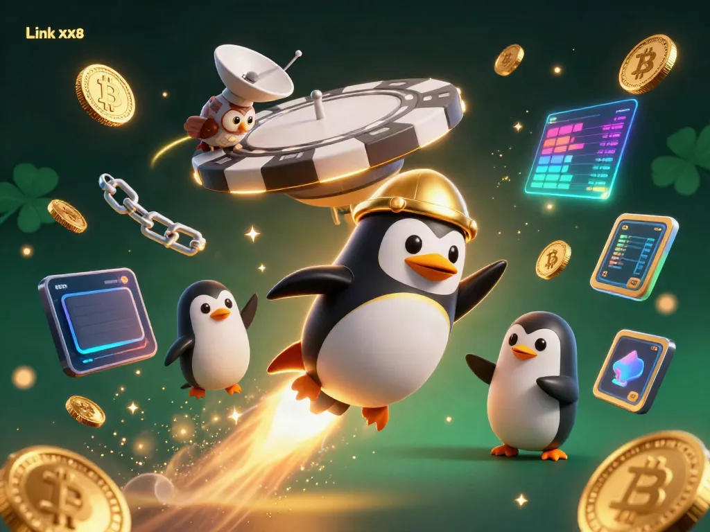 Experience thrilling moments with Link XX8 as a golden penguin rockets through space collecting coins.