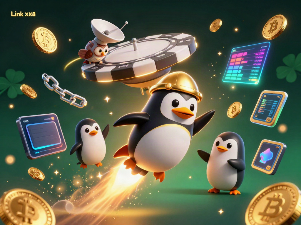 Experience thrilling moments with Link XX8 as a golden penguin rockets through space collecting coins.