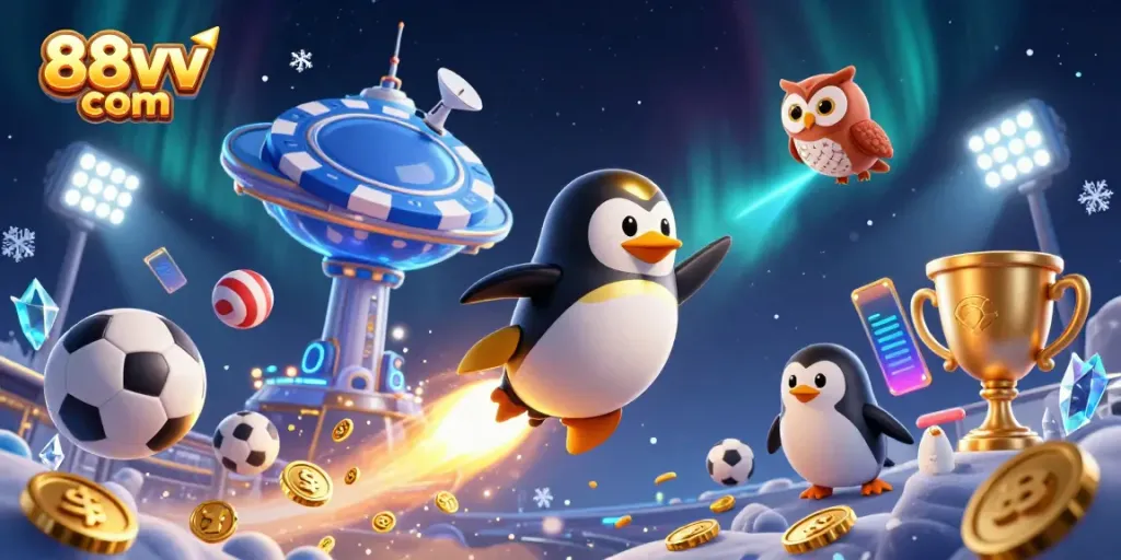 Engage with 88vv com while exploring a whimsical 3D casino scene showcasing vibrant characters and dynamic elements.