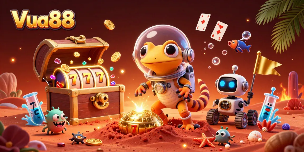 Engage with Vua88's thrilling gaming experience featuring a Martian gecko discovering a golden casino.