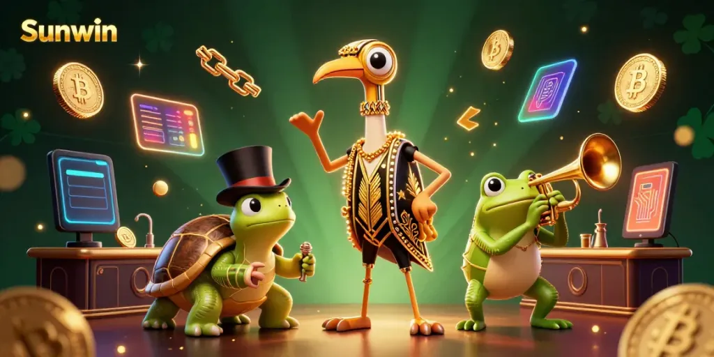 Experience the thrill of Sunwin's casino atmosphere in this vibrant 3D illustration featuring playful characters.