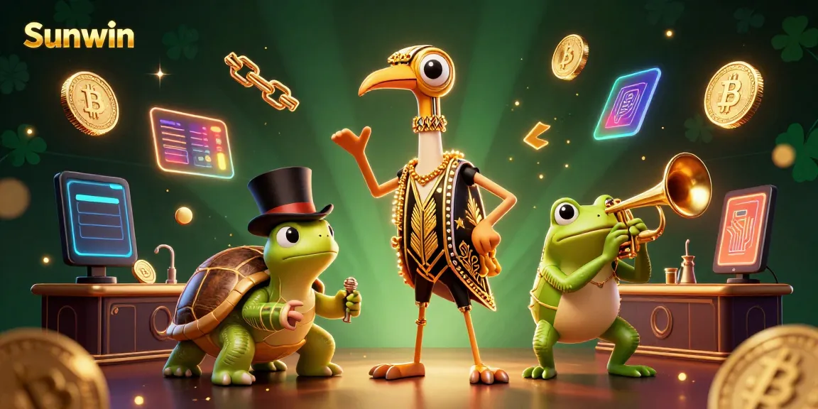 Experience the thrill of Sunwin's casino atmosphere in this vibrant 3D illustration featuring playful characters.