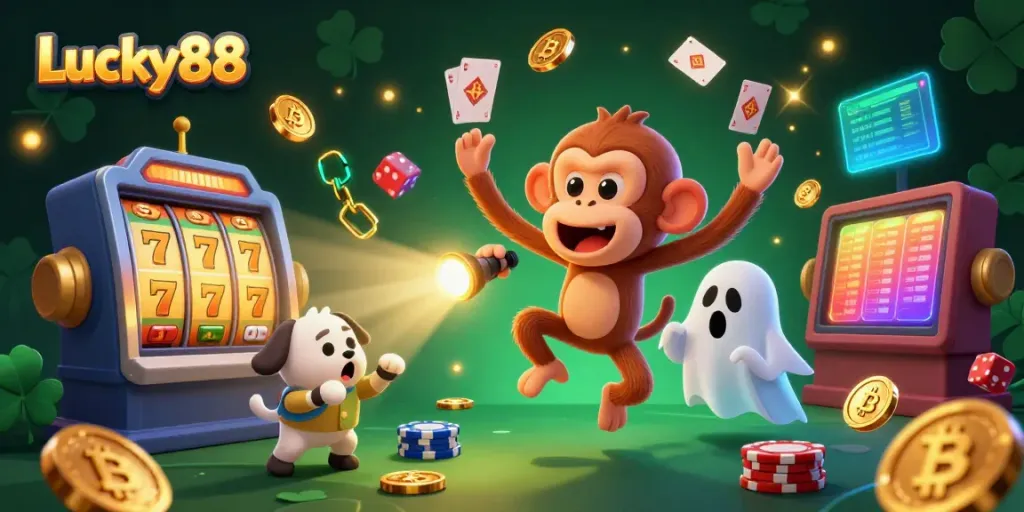 Winning with Lucky88 as monkeys juggle casino elements in a vibrant 3D illustration.