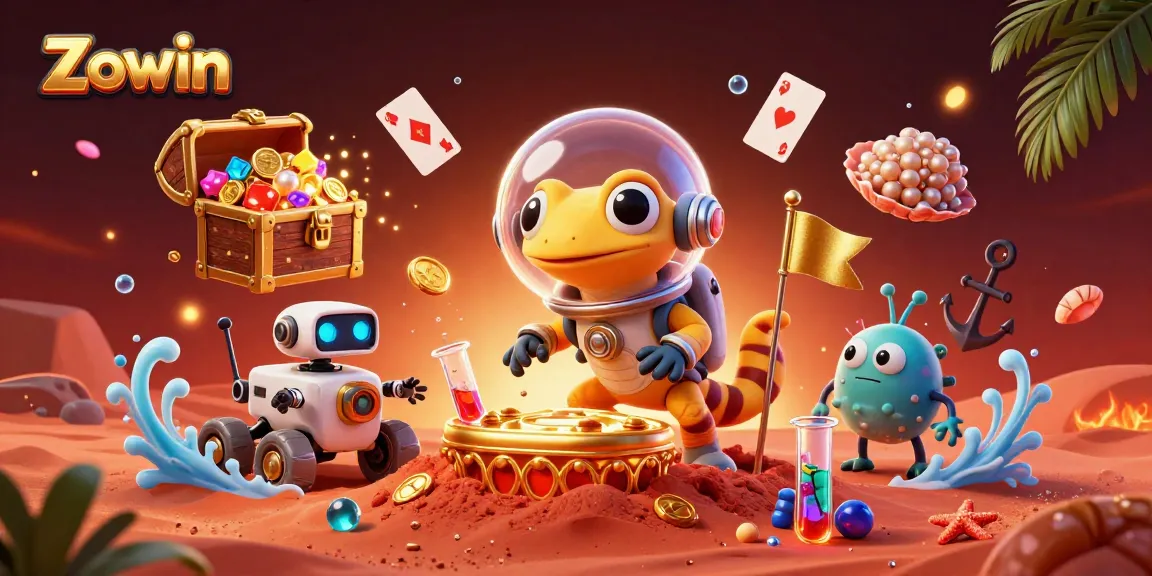 Zowin showcases a Martian gecko uncovering a golden casino in vibrant 3D illustration.