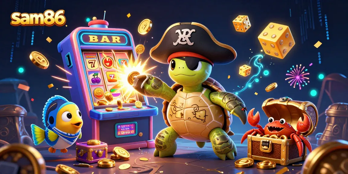 Experience the thrill of winning at sam86 with vibrant casino elements floating in a treasure-filled scene.