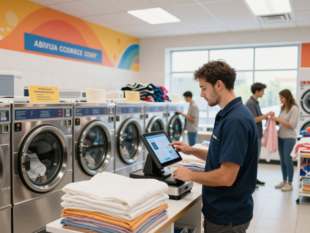 Technician using laundry POS software to manage services in a vibrant laundromat setting, showcasing efficient operations.