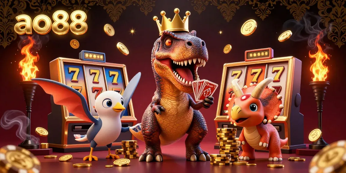 Engage with the ao88 experience through vibrant slot game action featuring a charming T-Rex, assistant pterodactyl, and baby triceratops.