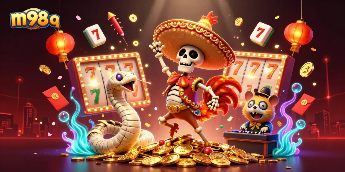 Spin and win with m98 q – a vibrant illustration of a lively casino celebration featuring characters and gaming elements.