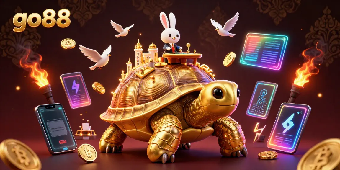 Join the excitement at go88 casino with vibrant visuals of a golden tortoise and rabbit dealer surrounded by flying coins.