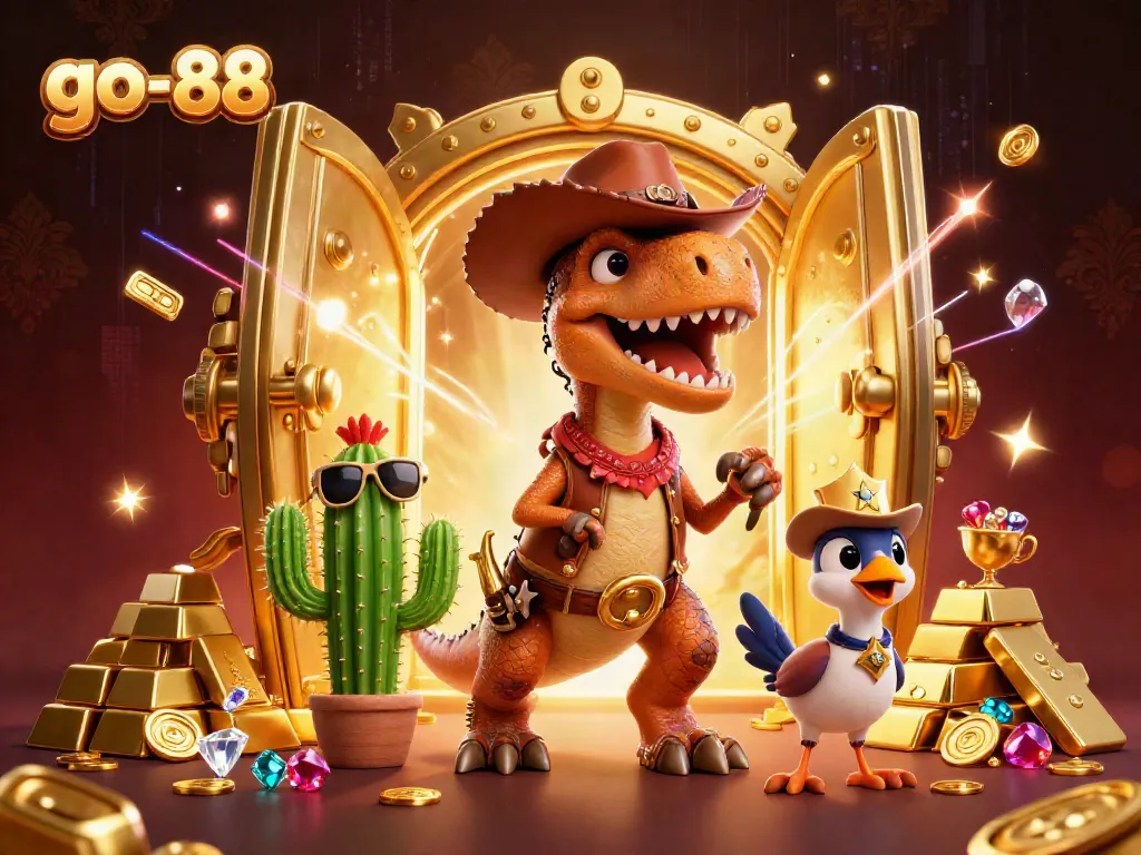 Win big at go-88 with our vibrant 3D casino scene filled with treasures and characters!