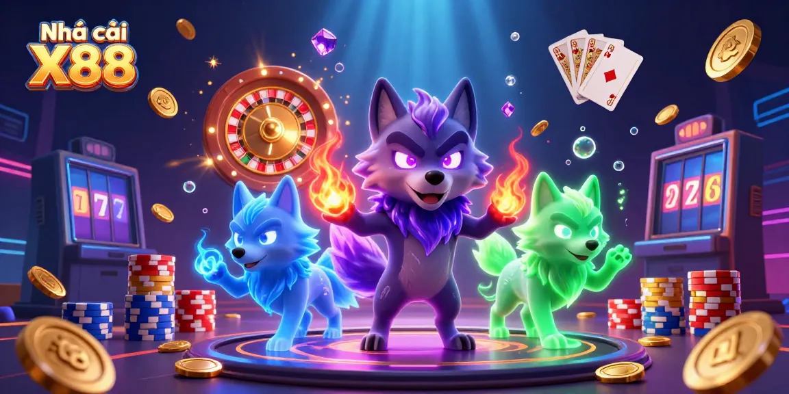 Engage with Nhà cái X88's vibrant 3D casino scene featuring animated wolves and gaming elements.