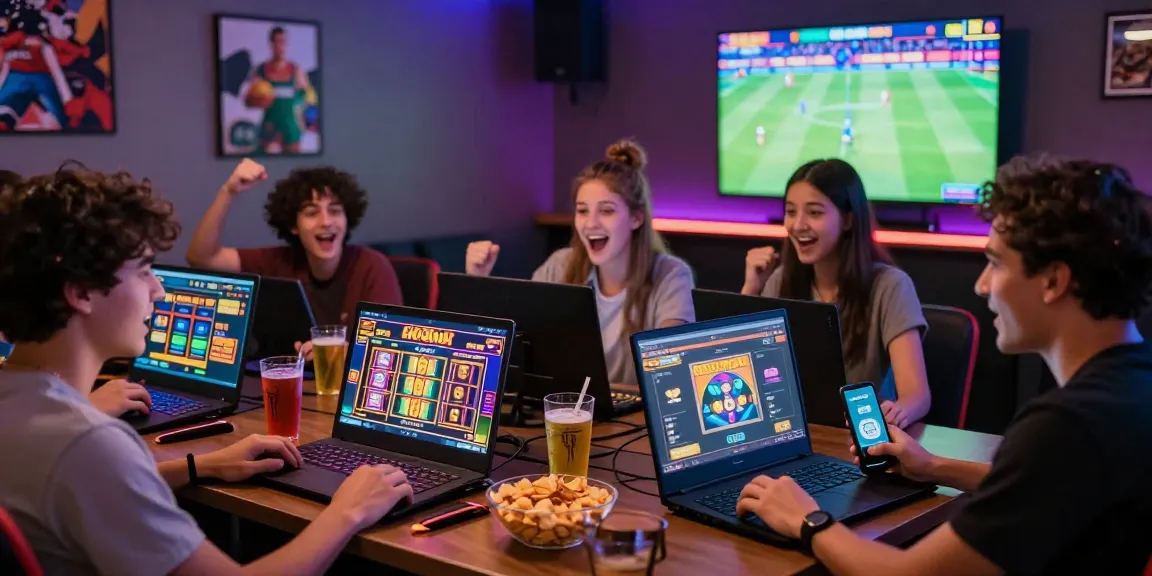 Group enjoying slot gacor games online in a lively gaming lounge with snacks and sports memorabilia.